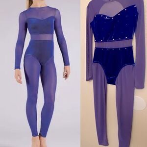Weissman Elite dance costume blue purple mesh velvet unitard V11775 MA